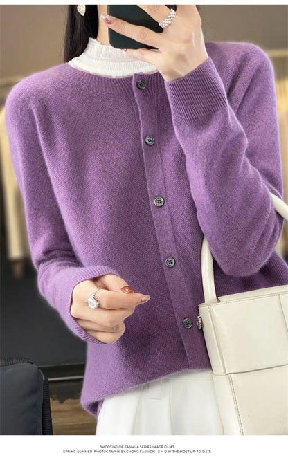 2024Spring and Autumn  New 100% pure merino cashmere sweater women's O-neck cardigan loose long-sleeved sweater top