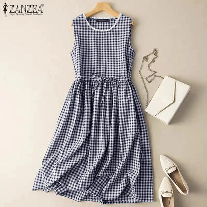 ZANZEA Vintage Summer Ruffles Sundress Casual Bohemian Fashion Beach Party Midi Vestido Women Sleeveless Plaid Checked Dress