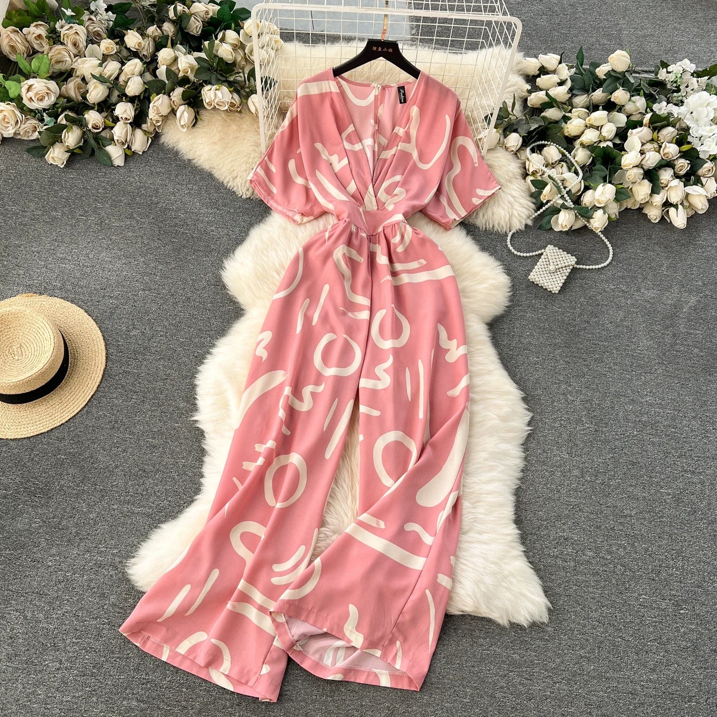 Summer Casual Women Printed Wide Leg Jumpsuit Female V-Neck Short Puff Sleeve High Waist Draped Loose Romper New Fashion