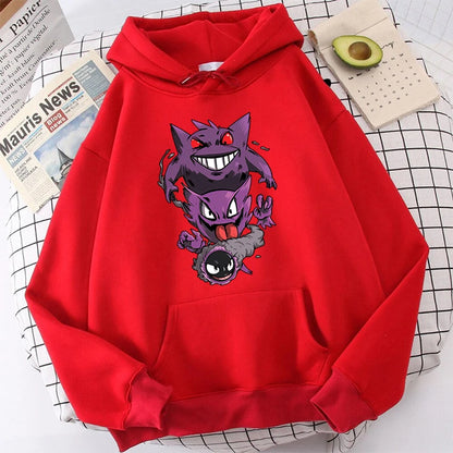 Pokémon Print Women's Plush Hoodie Red Sports Sweater Loose Top