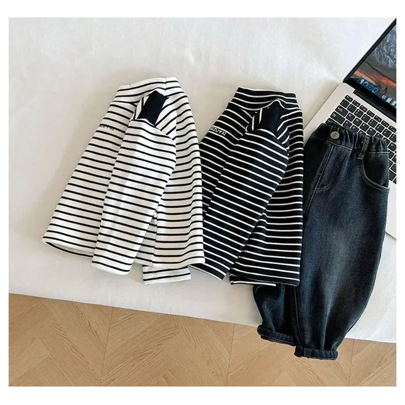 2024 New Girls Padded Bottoming Shirt Children Striped Round Neck Warm Top Winter Boys Fashion Casual Turtleneck Sweater 12M-12Y