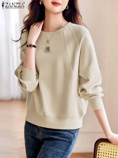 ZANZEA Vintage Sweatshirts Women Autumn  Hoodies Elegant Work Tops O Neck Casual Long Sleeve Blusas Female OL Shirt Oversize