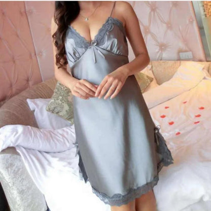 Sexy Women Solid Color Deep V Lace Trim Silk Robe Dress Babydoll Mini Nightdress Women Pajama Homewear