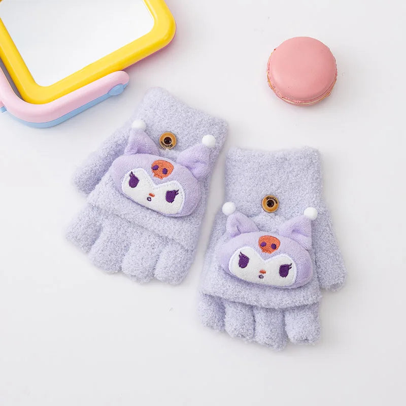 5-12 Years Children Gloves Winter Knitted Half Finger Flip Gloves Girls Boys Cute Cartoon Warm Thick Kids Mittens