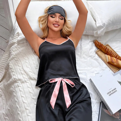 Women Sexy Satin Pijamas Set Lingerie Sleepwear Silk Saitn Nightwear Sleeveless Pajamas Set Home Wear Pyjama Femme Pyjamas