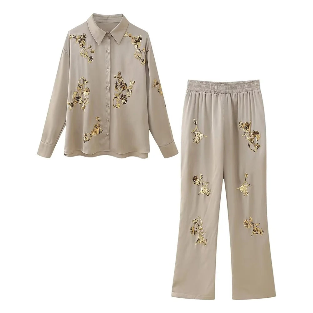 Taop&Za 2024 Early Spring New Product Women's Fashion Casual Sequin Embroidered Satin Shirt Straight leg Trouser Set