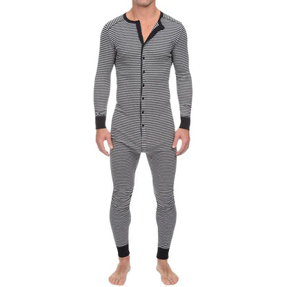 Striped One-piece Pajamas European and American Men's Tight Jumpsuit Long-sleeved 2024 Cross-border New Home Wear