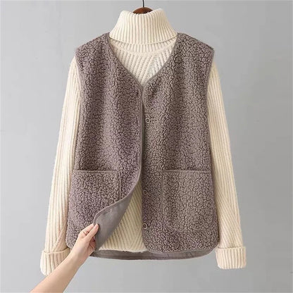 Vests New Spring Autumn Women Button Waistcoat Lamb Wool Winter Thermal Warm Thick Fleece Vests Sleeveless Jacket Ladies Coats