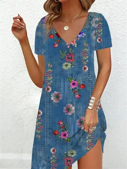 2023 Fashion Plus-Size Dress Casual Loose V-Neck Ladies Summer Print Party Women's New Summer Pullover Short Sleeve Dress