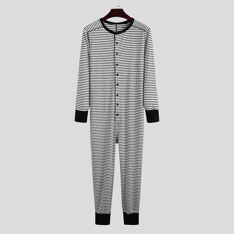 Striped One-piece Pajamas European and American Men's Tight Jumpsuit Long-sleeved 2024 Cross-border New Home Wear