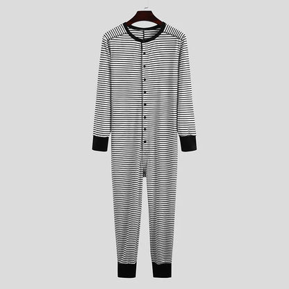 Striped One-piece Pajamas European and American Men's Tight Jumpsuit Long-sleeved 2024 Cross-border New Home Wear