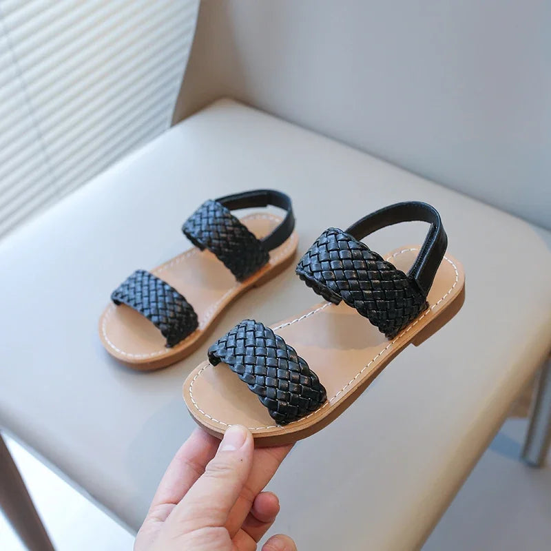 Kids Sandals for Girls 2024 Summer Girls Weave Design Sandals Children Beach Shoes Open Toes Flat Anti-skid Rubber Ankle Strap