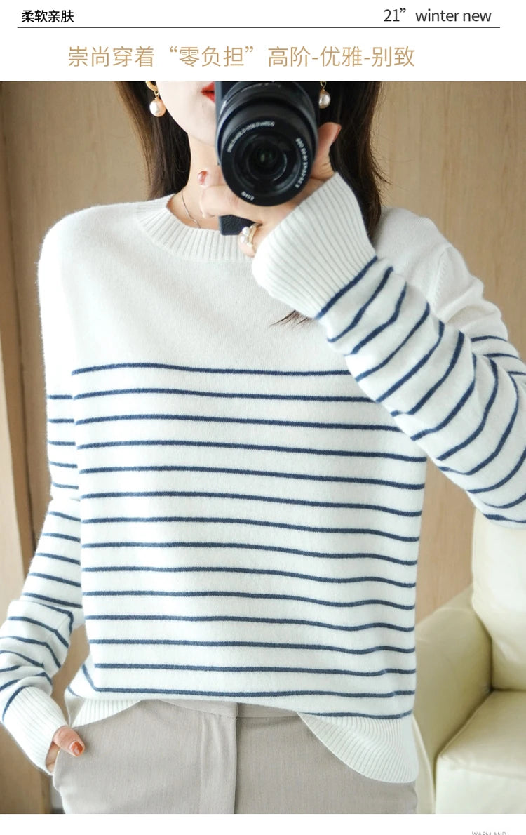 100% Cotton Knitted Sweater Women's Sweater Striped Color Matching Round Neck Large Size Loose Temperament Long Sleeve Bottoming