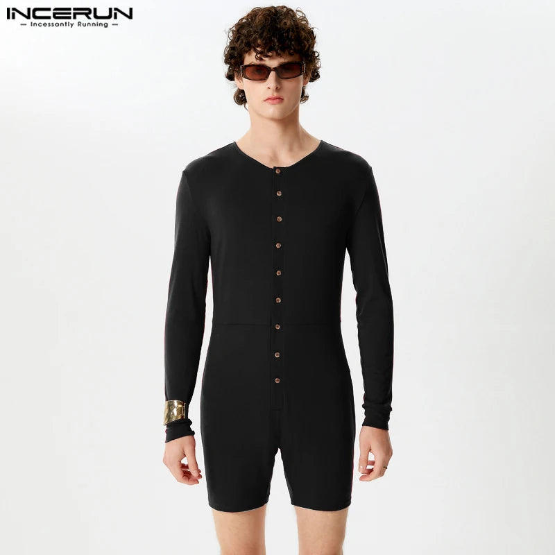 INCERUN 2024 Sexy Men Rompers Open Front Solid Knitted Long Sleeved Jumpsuits Male Hot Selling O-Neck Flat Angle Bodysuits S-5XL