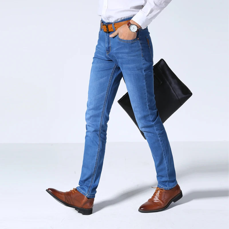 Brother Wang Classic Style Men Brand Jeans Business Casual Stretch Slim Denim Pants Light Blue Black Trousers Male