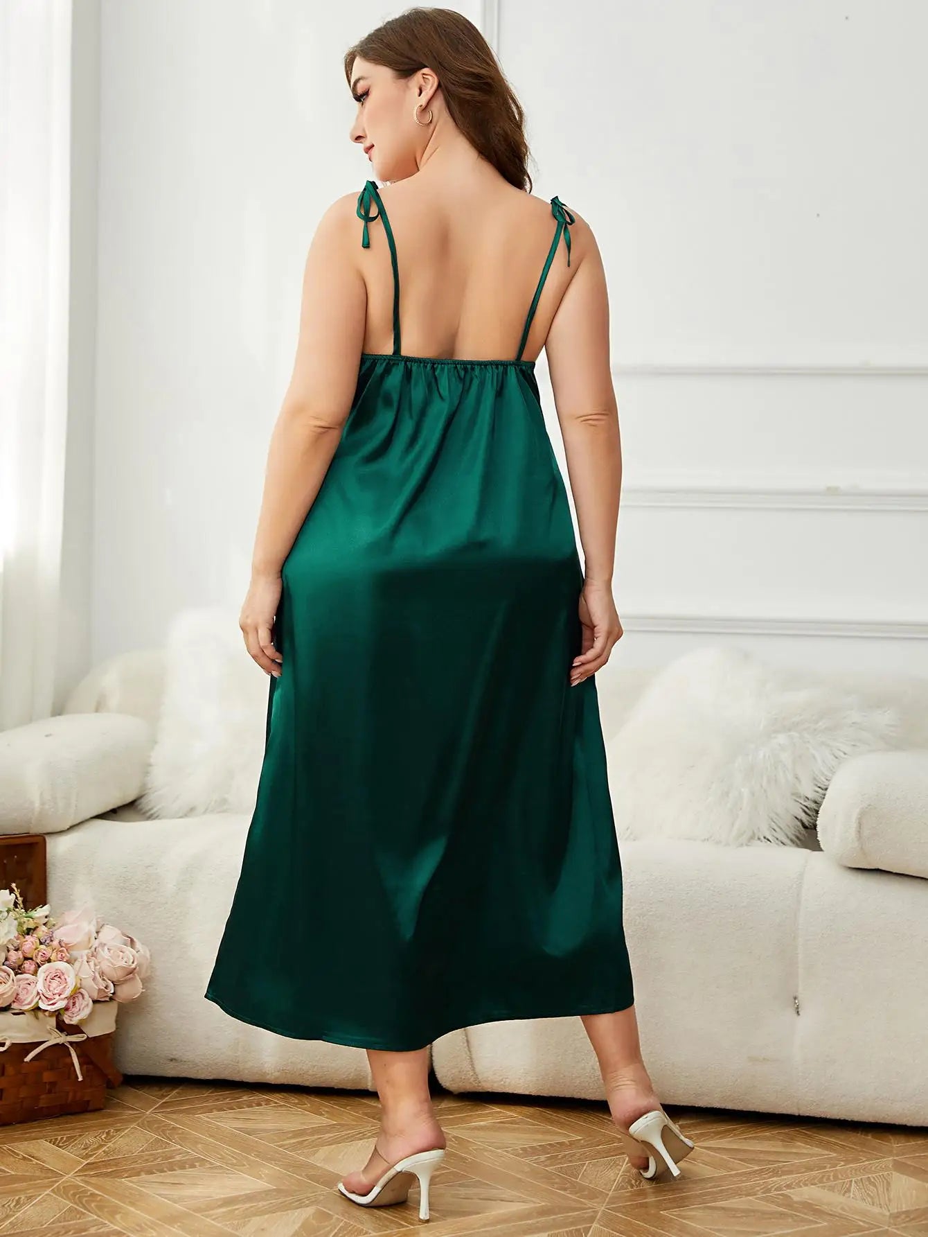 Plus Size Sleeveless Women's Dresses Sling Shoulder Slf-tie Party Maxi Dress Silky Satin Summer Robe V Neck Solid Green Cloth