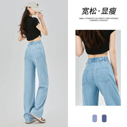 Blue Ice Silk Jeans Women's Summer Thin Straight Pants Micro Speaker Mop Wide Leg Pants Long Pants Y2K Denim Casual Pants Pocket