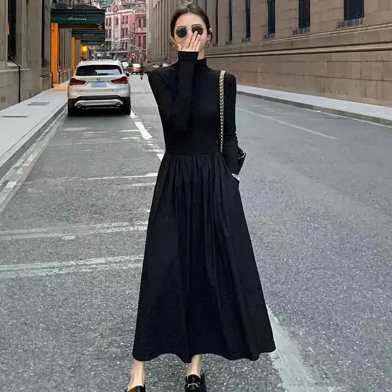 Hepburn Style Women Dress High Waist Elegant Black Midi Dress Fashion Korean Half High Collar Long Sleeve A Line Dress Autumn