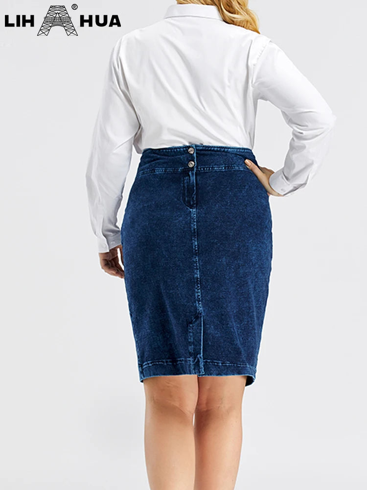 LIH HUA Women's Plus Size Denim Skirt Cotton Elastic Slim Fit Skirt Casual Fashion Knit Skirt