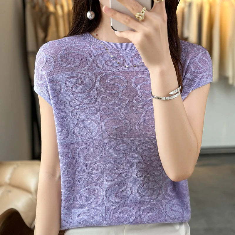 Summer New Women Wool Short-sleeved T-shirt Sweater O-neck Slim  Vest Pullover Skin friendly Fabric Base Knitted Top Tees