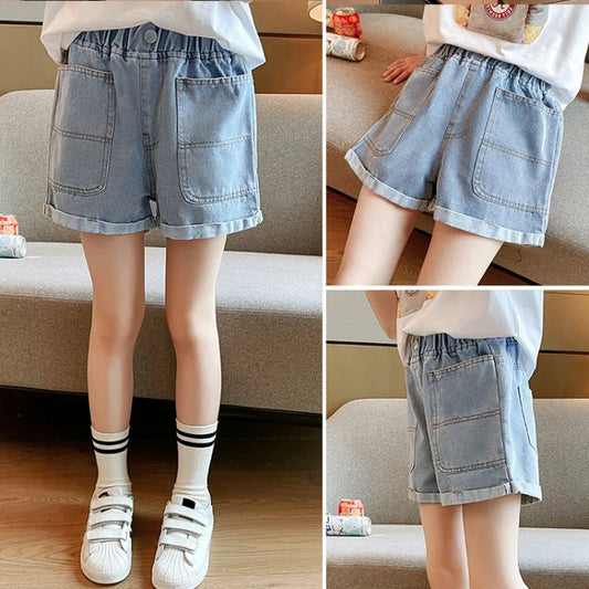 IENENS Summer Shorts Girl's Denim Short Pants Kids Casual Jeans Shorts Light Blue Beach Bottoms Fit 4-13 Years Child Clothes