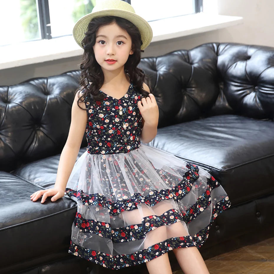 Girls Summer Dress Floral Pattern Kids Party Dresses For Girls Sleeveless Kid Dress Casual Style Children's Costumes For Girls