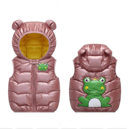 Children's Autumn Winter Down Cotton Vest Boys Free Wash Bright Face Hooded Vest Girls' Fashion Korean Cartoon Warm Tank Top1-6Y