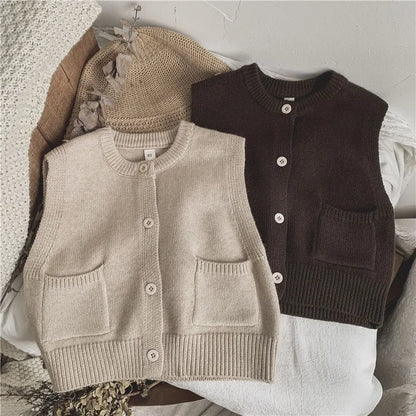 Simple Solid Vest Boys Casual Solid Sleeveless Jacket Children Knitwear Shirt Girls Cotton O-neck Cardigan Baby Spring Clothes