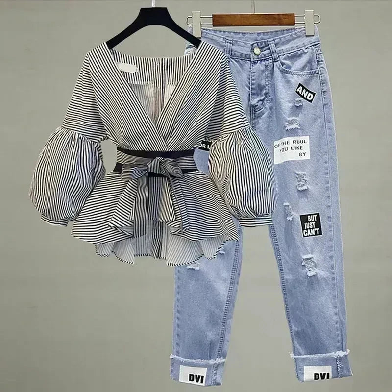 Summer 2024 Women's Clothing Outfit Ladies Casual Loose Shirt Vest Wide Leg Denim Pants 3 Piece Sets Fashion Letter Jeans Blouse