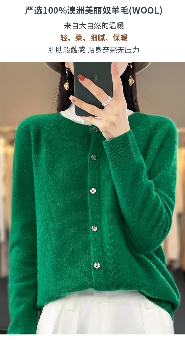 2024Spring and Autumn  New 100% pure merino cashmere sweater women's O-neck cardigan loose long-sleeved sweater top