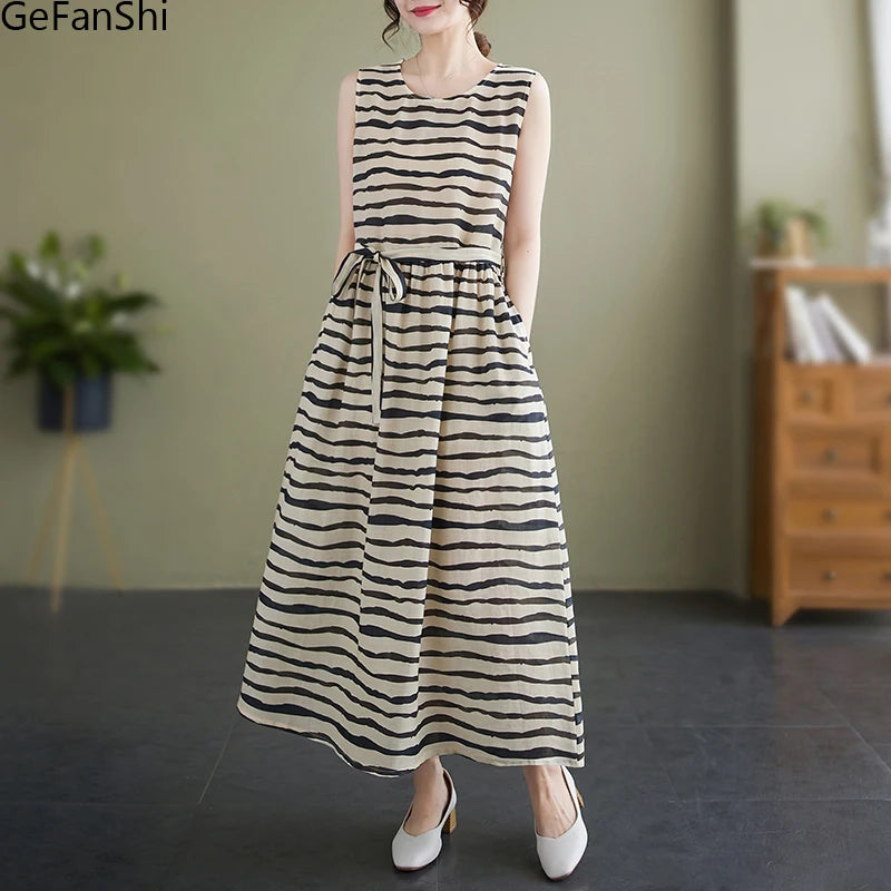 2023 Summer Vintage Print Striped V-neck Dresses Women Sleeveless Casual Loose Cotton Linen Dress Elegant Vestidos Robe Femme