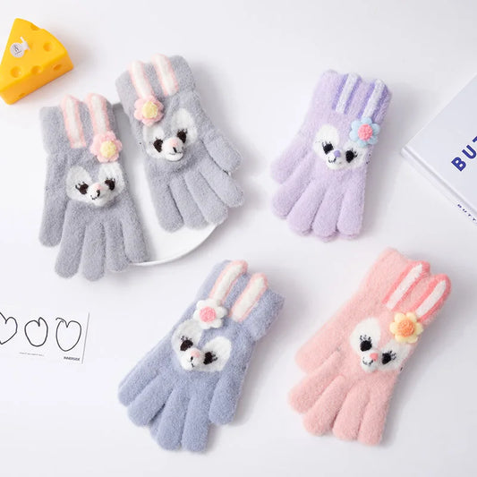 5-12 Years Winter Children Girl Gloves Knitted Warm Soft Cartoon Rabbit Full Finger Gloves Kids Outdoor Lovely Girl Mittens