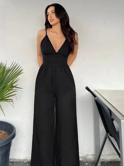 Stylish and elegant woven ribbon lace V-neck corset loose wide leg trousers long mop trousers loose jumpsuit