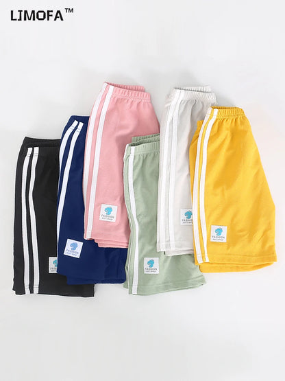 LJMOFA Girl Boy Summer Shorts Multicolor Fashion Comfortable Breathable Stripe Sport Shorts Child Casual Pants for Kids D315