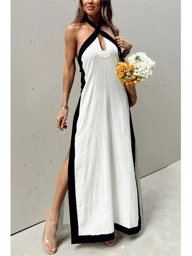 Summer Sexy Women's Dress New Style Cotton Linen Backless Halterneck Slit Vintage Boho Prom Dresses For Women Maxi Robe Femme