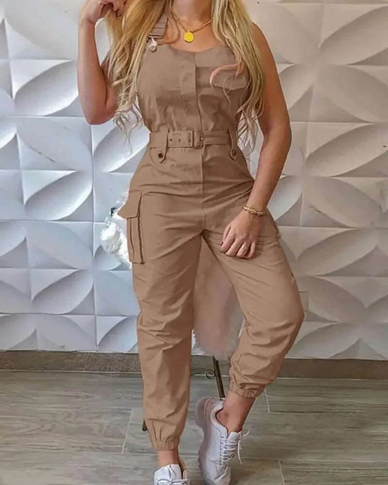 Fashion Strap Jumpsuit Women Loose Dungarees Long Rompers Summer Solid Pockets Cargo Pants Female Casual Work Out Playsuits