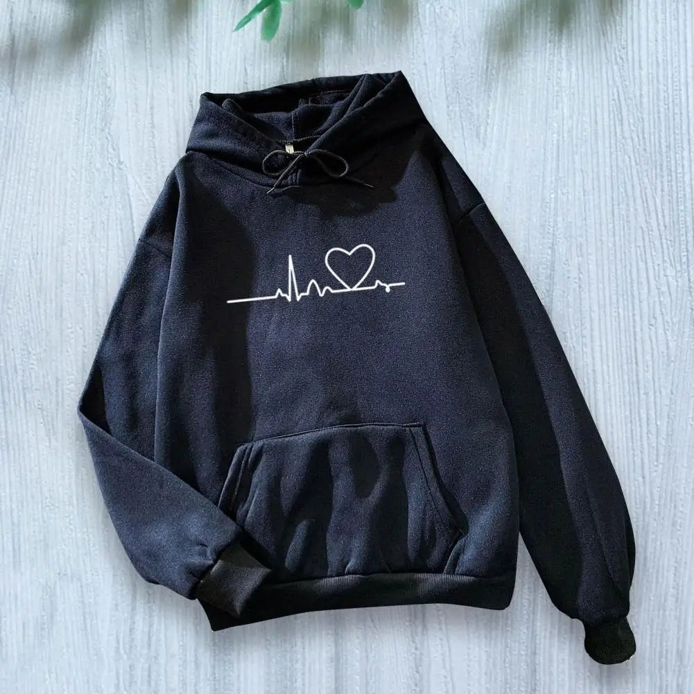 Chic Elastic Hem Women Autumn Hoodie Streetwear Women Autumn Hoodie Elastic Cuff Heart Print Couple Hoodie for School