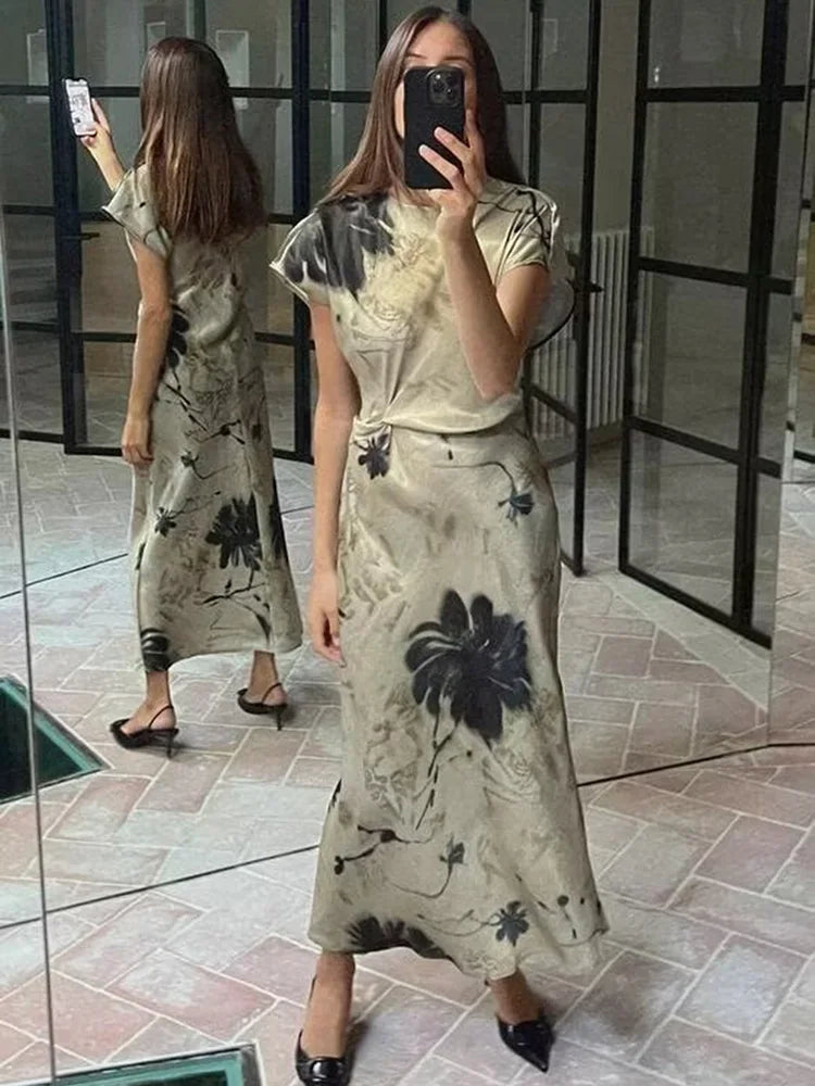 SIYANG  Women Fashion Chic Floral Print Satin Midi Dress Female Side Knot Back Button O-Neck Dresses Vestidos