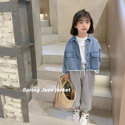 2024 New Fashion Korean Version Denim Jackets For Girls Coat Spring Autumn Children Outerwear Clothing Birthday Present 2-8 Year