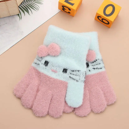 Cute Cat Design Kids Gloves Full Fingers Knitted Gloves Boys And Girls Winter Warm Mittens for 4-10 Years Kids