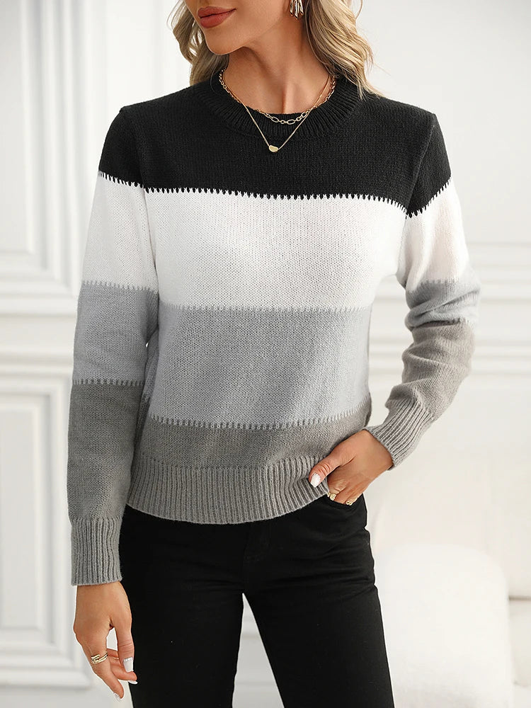 Women Knitted Sweater Soft Contrast Color Pullovers Basic Sweaters Casual Fashion Autumn Winter Women's Clothing Trend 2024