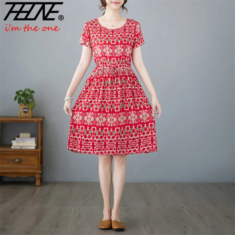 THHONE Summer Dress for Women Floral Casual Print Loose Vintage Draw String Robe Elegant Mini New in Dresses Vestido Feminino