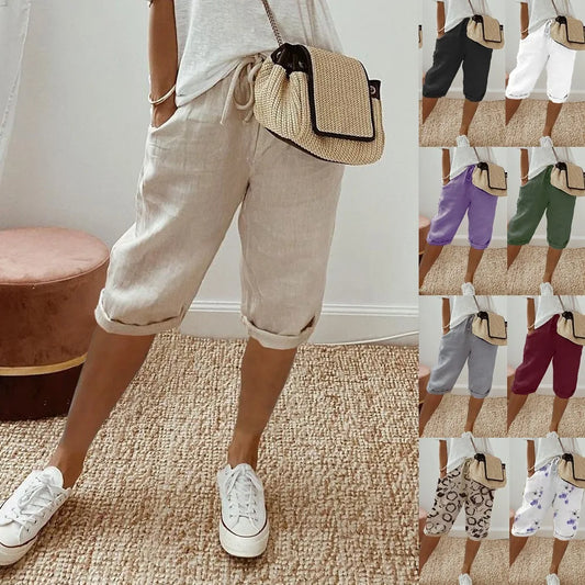 Women Cotton Linen Shorts Summer New Solid Elastic High Waist Drawstring Lace Up Trousers Female Vintage Casual Knee-length Pant