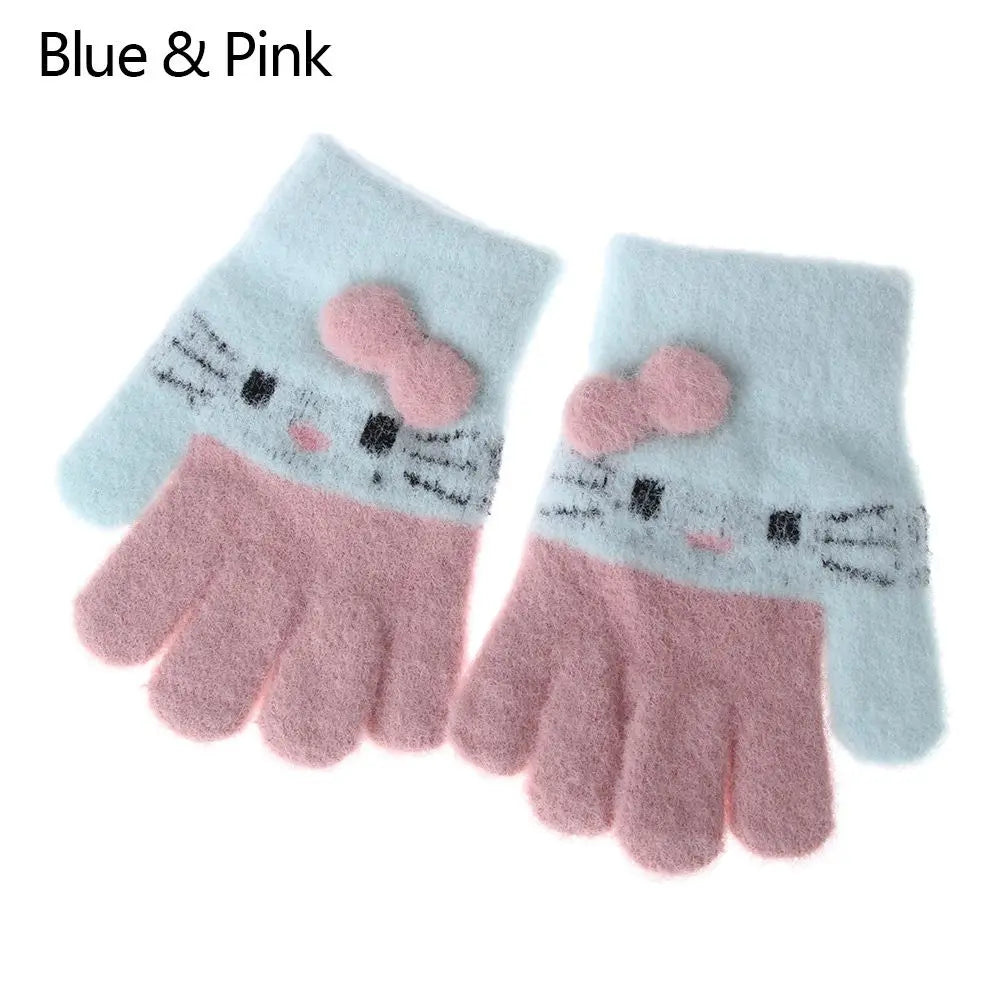 Cute Cat Design Kids Gloves Full Fingers Knitted Gloves Boys And Girls Winter Warm Mittens for 4-10 Years Kids