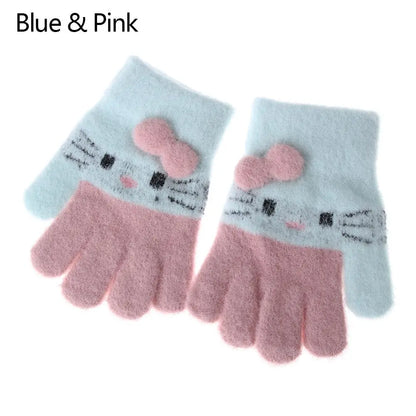 Cute Cat Design Kids Gloves Full Fingers Knitted Gloves Boys And Girls Winter Warm Mittens for 4-10 Years Kids