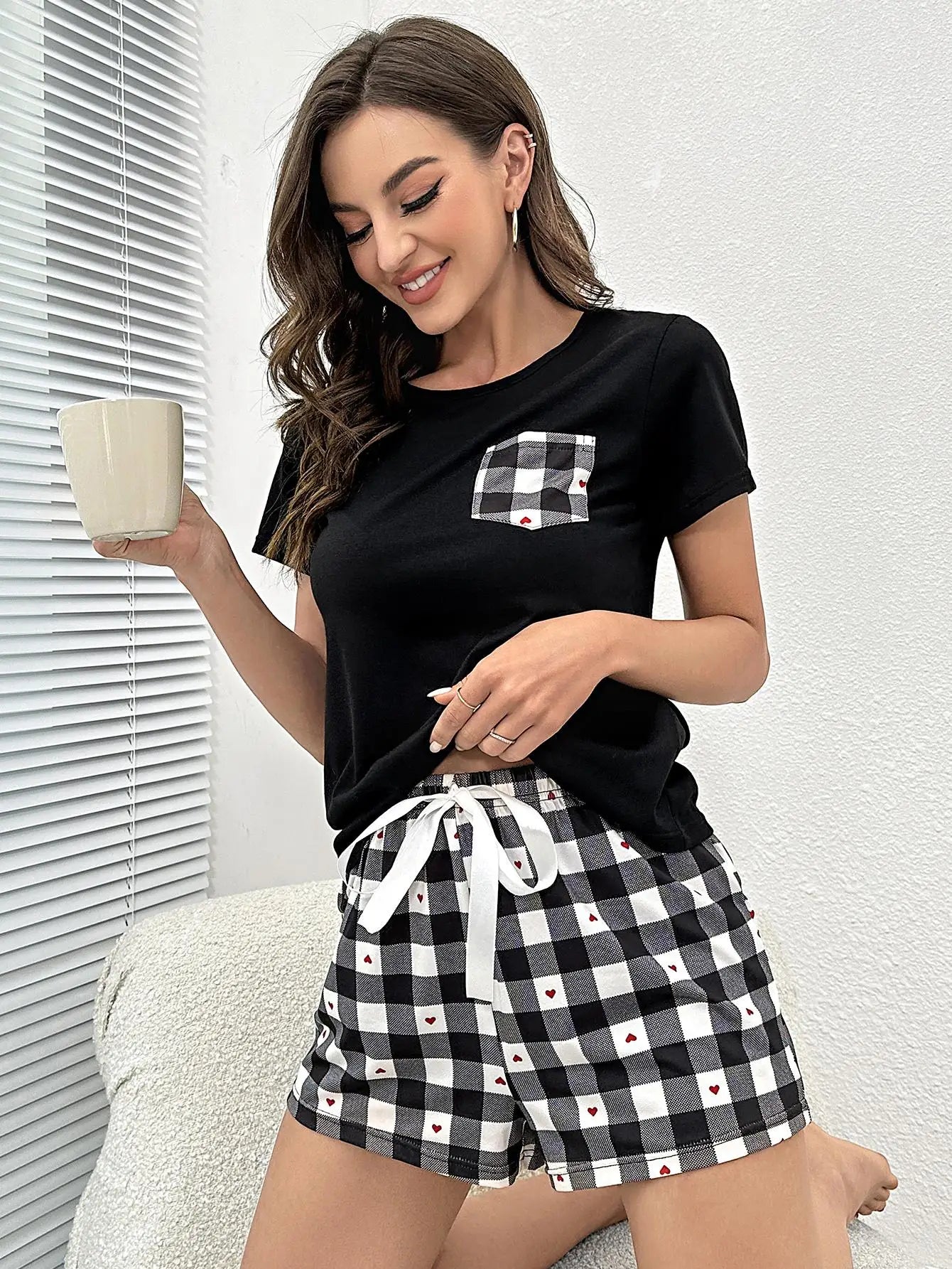 Summer Women's Pajamas Set Screw Neck Tee & Shorts Sleepwear 2 Pieces Heart Print Nightwear Elastic Drawstring Homewear Cloth