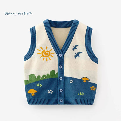 Spring Autumn Toddler Girls Waistwear Painting Jacquard Pastoral Style Children Girls Knitwear Cotton Knitted Baby Girls Vest