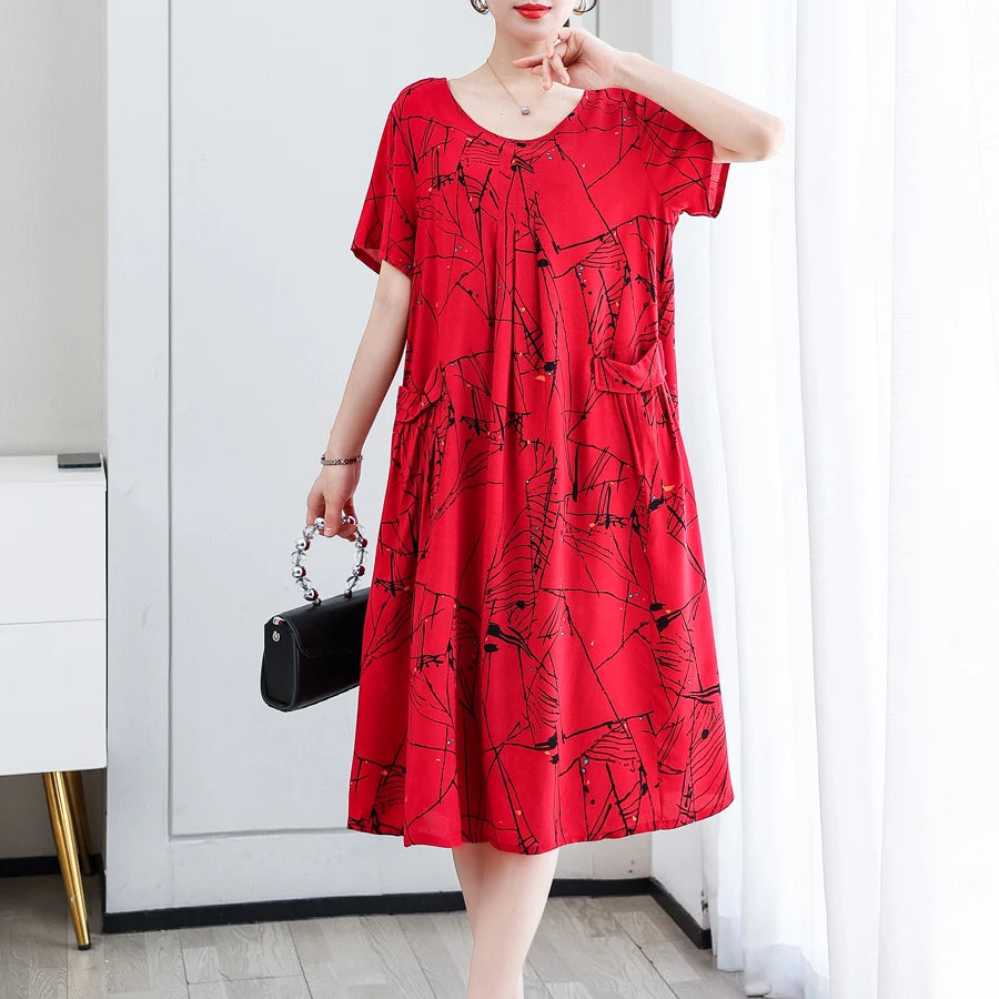 2024 O-Neck Floral Print Boho  Dress Short Sleeve Dress Sundress Robe Women Dresses Summer plus size dress