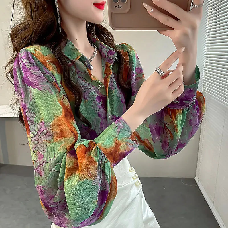 Spring Autumn New Women's Printed Button Polo-Neck Versatile Fashion Loose Appear Thin Commuter Lantern Sleeve Chiffon Shirt Top