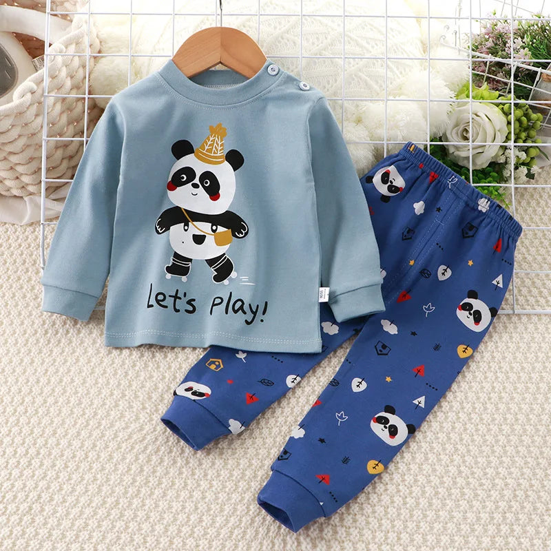 2024 New Kids Boys Girls Pajama Sets Cartoon Print Long Sleeve Cute T-Shirt Tops with Pants Toddler Baby Sleeping Clothing Sets